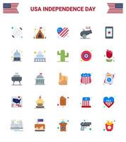 Happy Independence Day Pack mit 25 flachen Zeichen und Symbolen für Telefonmörser amerikanische Haubitze große Kanone editierbare usa-Tag-Vektordesign-Elemente vektor