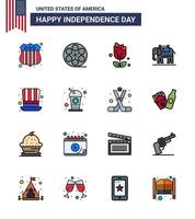 Happy Independence Day Pack mit 16 flach gefüllten Linien Zeichen und Symbolen für den US-Hut imerican day american editable usa day vector design elements