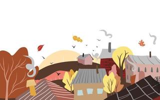 Vektor Herbstlandschaft mit einfachen Häusern und Bäumen. ländliche illustration der flachen karikatur auf weiß in der horizontalen ausrichtung. weiche Pastellfarben