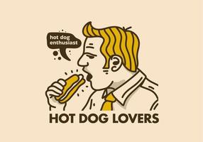 årgång konst illustration av man äter varm hund vektor