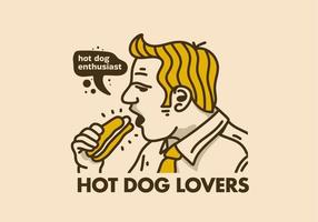 Vintage Kunstillustration des Mannes, der Hotdog isst vektor