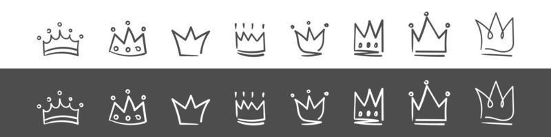 klotter krona ikoner. hand dragen kronor. kunglig kejserlig kröning och monark symboler. vektor illustration