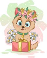 ein niedliches Cartoon-Kätzchen mit einem Geschenk und Blumen vektor