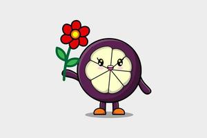 niedliche Cartoon-Mangostan-Figur hält rote Blume vektor