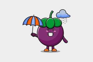 niedliche Cartoon-Mangostan im Regen mit einem Regenschirm vektor