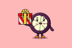 niedlicher cartoon-mangosteen-charakter, der geschenkbox hält vektor