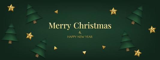 grünes weihnachtshintergrundbanner, verziert mit 3d-realistisch geschnitzten goldenen sternen, kiefern. horizontale wunderschöne Weihnachtskarte. wintersaison flyer frohe weihnachten und neues jahr. vektor