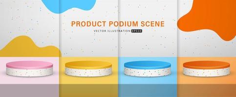 uppsättning av realistisk blå, rosa, gul och orange cylinder piedestal podium med punkt sömlös mönster i bakgrund för scen visa produkt visa. 3d vektor