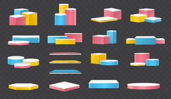 uppsättning av podium vit piedestal rosa, blå, gul plattform produkt visa. geometrisk presentation falsk upp design vektor