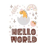 Geburtstagskarte für den ersten Tag des Babys mit neugeborenen Metriken mit Text Hallo Welt. Duschaufdruck mit süßem Dino-Tier, Blumen und Palme, der alle besonderen Momente festhält. Meilensteinkarte für Neugeborene vektor