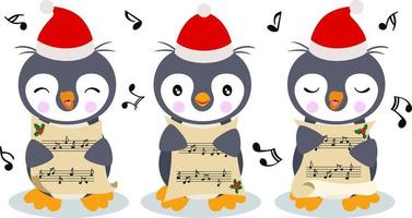 gruppe süßer pinguine, die weihnachtslieder singen vektor