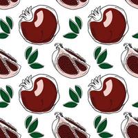 vektor sömlös mönster med klotter stil röd granatäpplen och löv