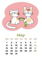 mai 2023. kalenderblatt mit symbolen des jahres mit hotdog und wasserflasche. Cartoon-Vektor-Illustration. vektor