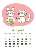 augusti 2023. kalender ark med år symboler äter vattenmelon. tecknad serie vektor illustration.