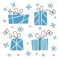 weihnachtsblaue geschenkboxen mit schneeflocken. flache vektorillustration. vektor