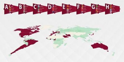 Fußballwettbewerbsteilnehmer auf der Weltkarte hervorgehoben. alle Gruppen des Turniers. vektor