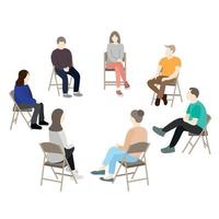 grupp psykoterapi, män och kvinnor sitta på stolar anordnad i en cirkel, på grupp psykoträning, platt vektor, isolera på vit vektor