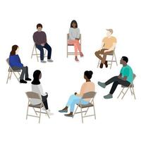 gruppenpsychotherapie, männer und frauen verschiedener nationalitäten sitzen auf stühlen, die im kreis angeordnet sind, gruppenpsychotraining, flacher vektor, isoliert auf weiß vektor