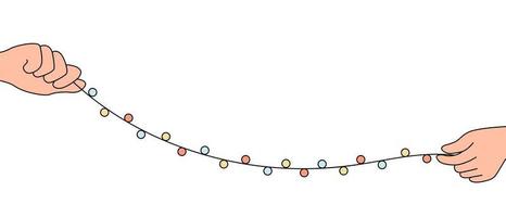 Zwei Hände halten eine festliche Girlande mit bunten Glühbirnen vektor