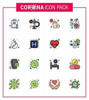 Symbol für Coronavirus-Vorsichtstipps für die Präsentation von Gesundheitsrichtlinien 16 flache, farbig gefüllte Symbolpakete wie Impfstoff, Medizin, Virus, Medikamente, Hände, virales Coronavirus 2019nov, Krankheitsvektor desi vektor