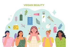 vegane Kosmetik und gesunde Haut. Eine Frau zeigt ihr sauberes Gesicht. Andere Frauen mit ihren Hautproblemen beobachten sie. vektor