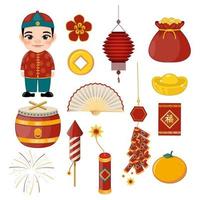 Lycklig kinesisk ny år med asiatisk barn och kinesisk element tecknad serie karaktär vektor
