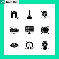 Packung mit 9 Solid Style Icon Set Glyphen-Symbolen für den Druck kreative Zeichen isoliert auf weißem Hintergrund 9 Icon Set kreativer schwarzer Icon-Vektor-Hintergrund vektor