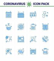Corona-Virus-Prävention covid19-Tipps zur Vermeidung von Verletzungen 16 blaues Symbol für Präsentationsforschungskolben-Medikamente testen Gesundheitswesen virales Coronavirus 2019nov-Krankheitsvektor-Designelemente vektor