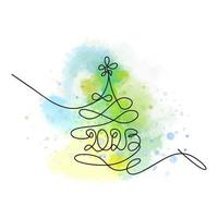 umriss weihnachtsbaum 2023, einzeilige illustration, auf aquarell vektor