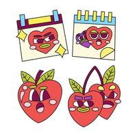 retro tecknad serie maskot illustration karaktär uttryck. kalender schema och körsbär äpple. vektor