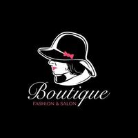 skön lady bär hatt logotyp boutique mode och salong logotyp design mall vektor