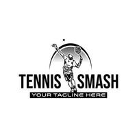 tennisspieler schießen ball logo vorlage illustration. Designvorlage für das Logo der Tennis-Smash-Meisterschaft vektor