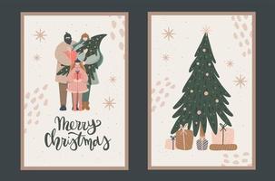 glückliche familie, die weihnachtsbaum und geschenke grußkarten eingestellt hält. Vektor handgezeichnete Winterferien Hintergrund