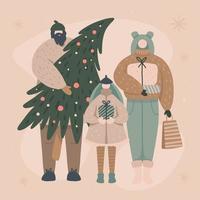 glückliche familie, die weihnachtsbaum und geschenke kauft und hält. ein kind mit vater und mutter weihnachtsfeier. Einkaufen im Winterurlaub Konzept vektor