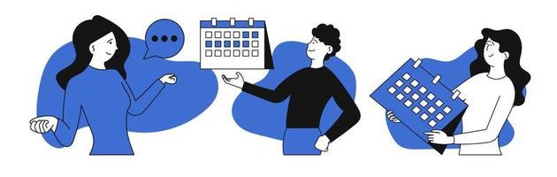 Wochenplanung Set Business Vector Illustration. Kalenderplan Zeitplan und Zeitmanagement für Frauen. Büroarbeit und Terminplaner. Terminorganisation und Online-Webprojektplanung