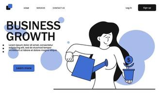 företag tillväxt och kvinna vattning en blomma vektor illustration begrepp. företag växt växande och vård utsäde. pengar fröplanta och Framgång investering. finansiell gro och Evolution investera marknadsföra
