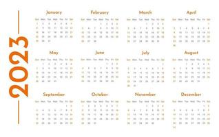 en gång i månaden vägg horisontell kalender 2023 mall i trendig minimalistisk stil, omslag begrepp, 2023 minimal kalender planerare design för utskrift mall i orange vektor
