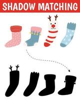 Weihnachts-Schatten-Matching-Aktivität für Kinder. Winterpuzzle mit süßen Socken. Neujahrslernspiel für Kinder. Finden Sie das richtige druckbare Arbeitsblatt für die Silhouette. Vektor-Cartoon-Illustration. vektor
