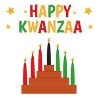 sieben Kerzen in Kinara. vektorkarikaturillustration des glücklichen kwanzaa. Urlaub afrikanische Symbole mit Schriftzug auf weißem Hintergrund. vektor