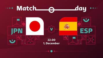 Japan, Spanien match fotboll 2022. 2022 värld fotboll konkurrens mästerskap match mot lag intro sport bakgrund, mästerskap konkurrens affisch, vektor illustration