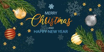 frohe weihnachten und guten rutsch ins neue jahr grüne kiefernblattgoldsilberkugelsterne auf dunkelblauem design für feiertagsfestfeierhintergrundvektor vektor