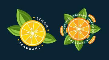 uppsättning logotyper, emblem, märken med apelsin, citron, gröna blad, fruktskivor. bra för dekoration av matförpackningar, livsmedel, jordbruksbutiker, reklam. platt stil vektor