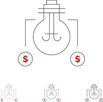 Glühbirne Idee Lösung Dollar Fett und dünne schwarze Linie Symbolsatz vektor