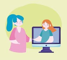Online-Bildung mit Lehrerin und Mädchen im Gespräch vektor