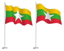 Flagge der Republik Myanmar am Fahnenmast weht im Wind. Urlaubsgestaltungselement. Kontrollpunkt für Kartensymbole. isolierter Vektor auf weißem Hintergrund