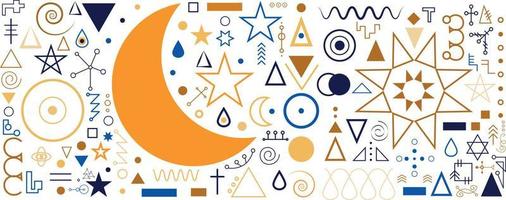 eine reihe ästhetischer und moderner astrologie minimalistischer linearer illustrationen von sonne, mond, sternen, geometrischen elementen vektor