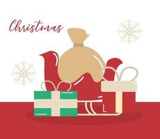 Frohe Weihnachten, Schlitten mit Tasche und Geschenkboxen Dekoration vektor