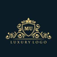 buchstabe mu logo mit luxuriösem goldschild. Eleganz-Logo-Vektorvorlage. vektor