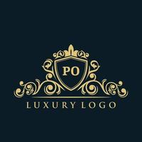 Buchstabe po-Logo mit luxuriösem Goldschild. Eleganz-Logo-Vektorvorlage. vektor