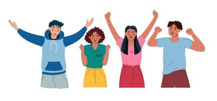 en grupp av glad människor av annorlunda. de höja deras händer och glädjas. vektor illustration platt